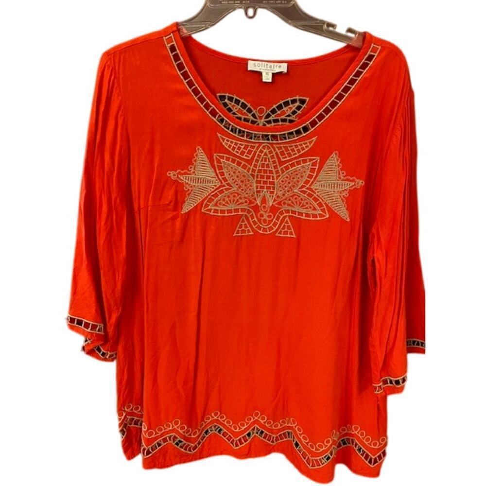 Solitaire Orange Beige XL embroidered tunic 3/4 Sleeves